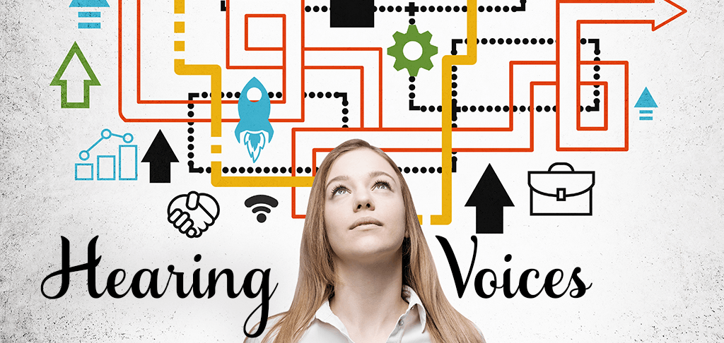 Hearing Voices: a young woman looks up at a tangle of arrows and icons representing competing choices
