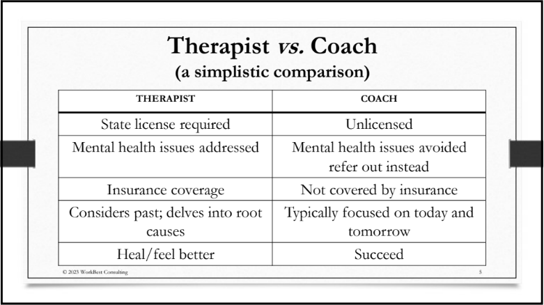 Therapist versus coach comparison table. The same comparison follows as text.